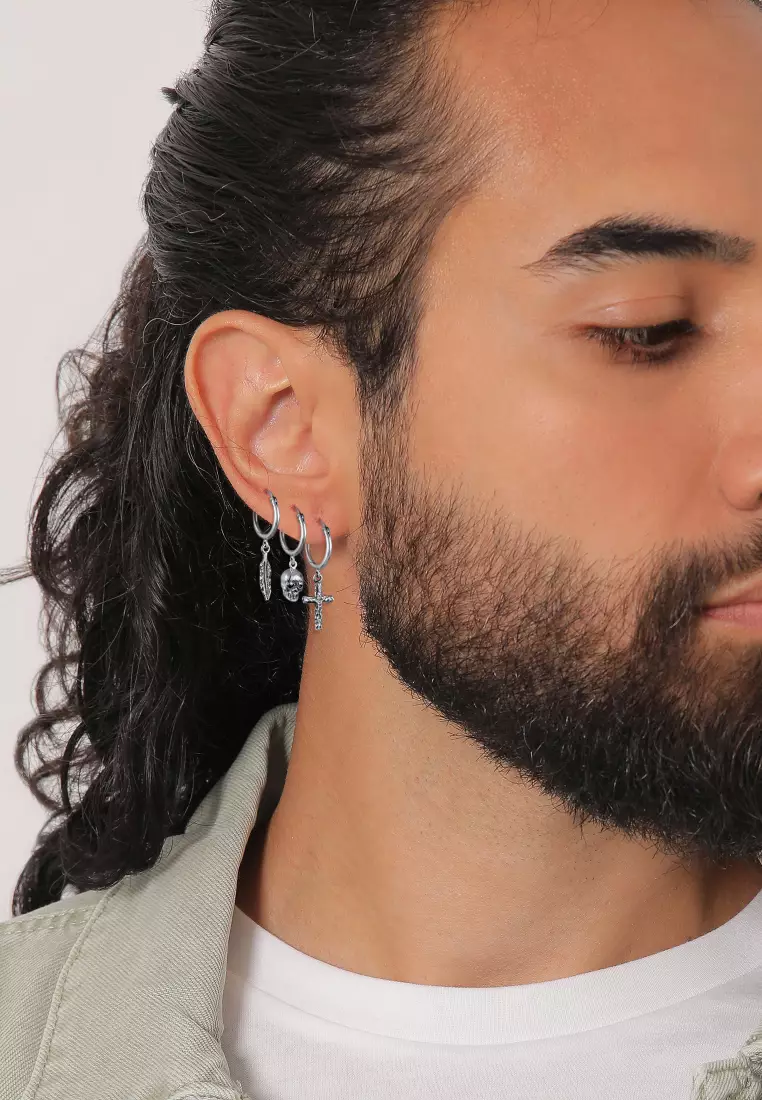 EXCLUSIVE Anting Perhiasan Perak 925 Pria Set Creole Skull Feather