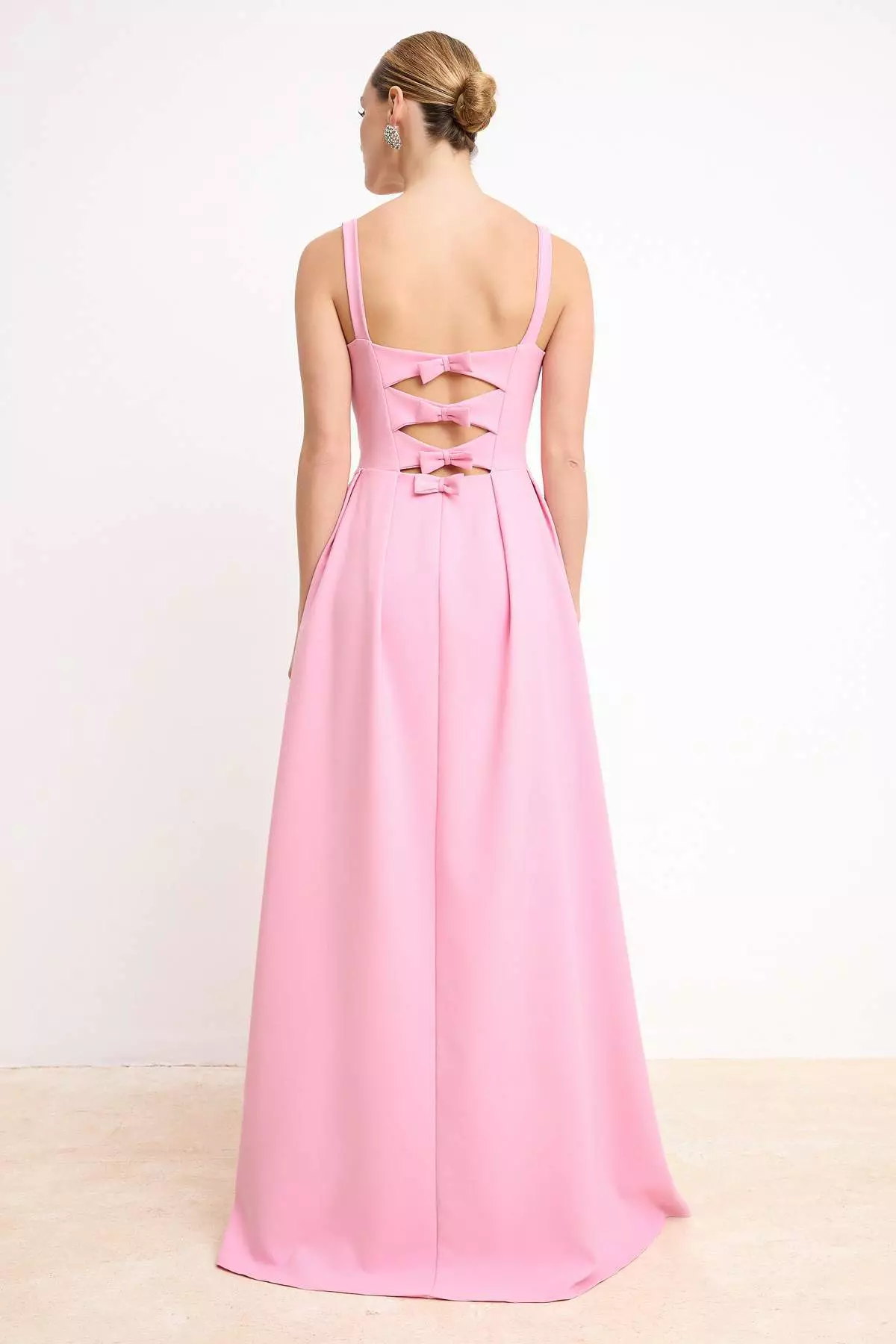 Light Pink Plain A-Line Bow Woven Finike Maxi Evening Dress & Graduation Dress