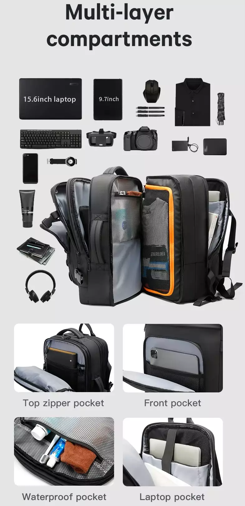 Bange BG3055 Tas Ransel Laptop Kerja Backpack Travel Pria Expandable-BLACK