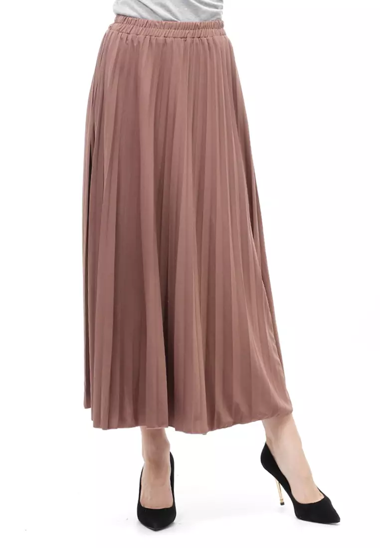 Skirt Plisket Bawahan Wanita Motif Polos Relaxed Fit - Mocca