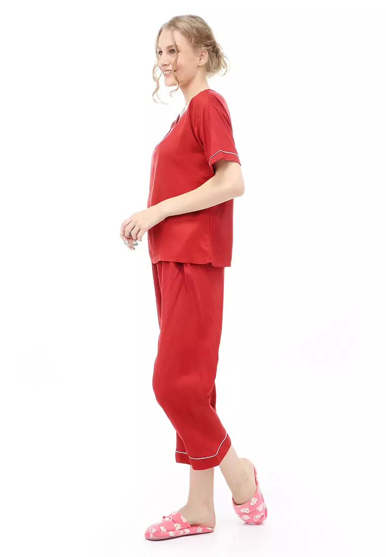 Vance Piyama Setelan Baju Tidur Wanita Lengan Pendek Material Rayon ORIGINAL - Red