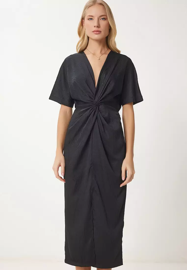 Crinkle Effect Knotted Midi Dress