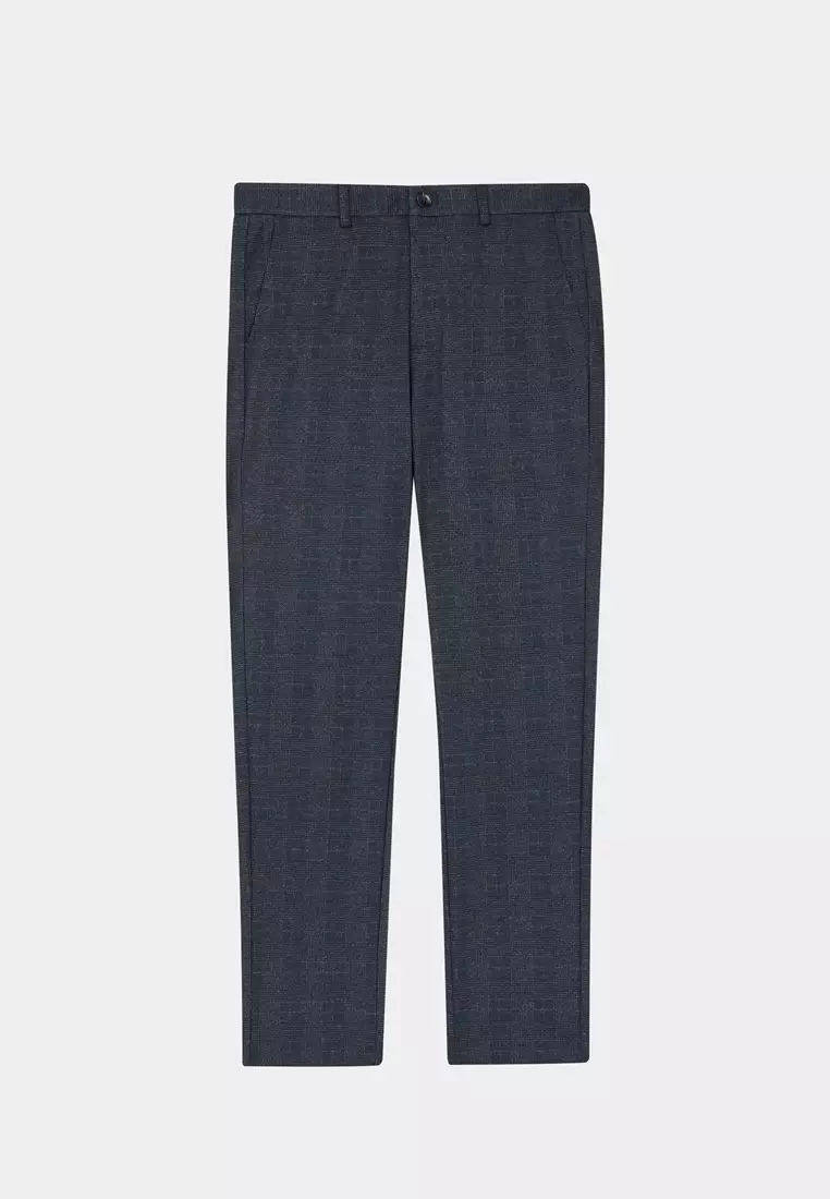 Gray-blue Check Slim Stretch Jersey Trousers