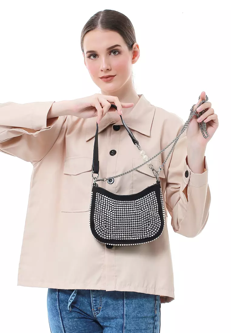 Eilaria Tas Selempang Wanita Shoulder Bag Pesta Desain Elegan Material PU Leather ORIGINAL - Silver