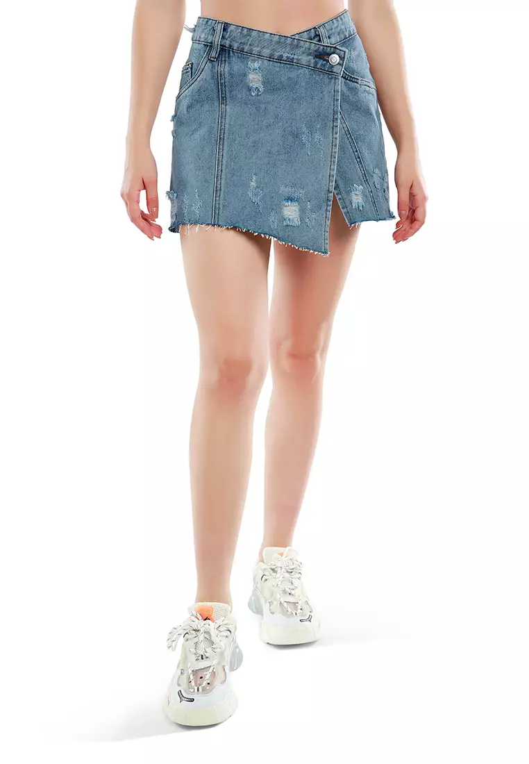 Distressed denim wrap skirt on sale