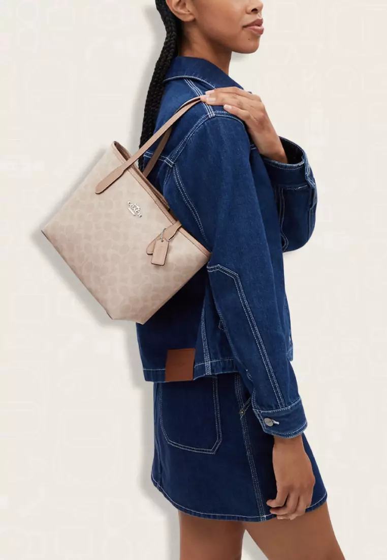 Coach Small City Tote Bag In Signature Canvas Sand Taupe