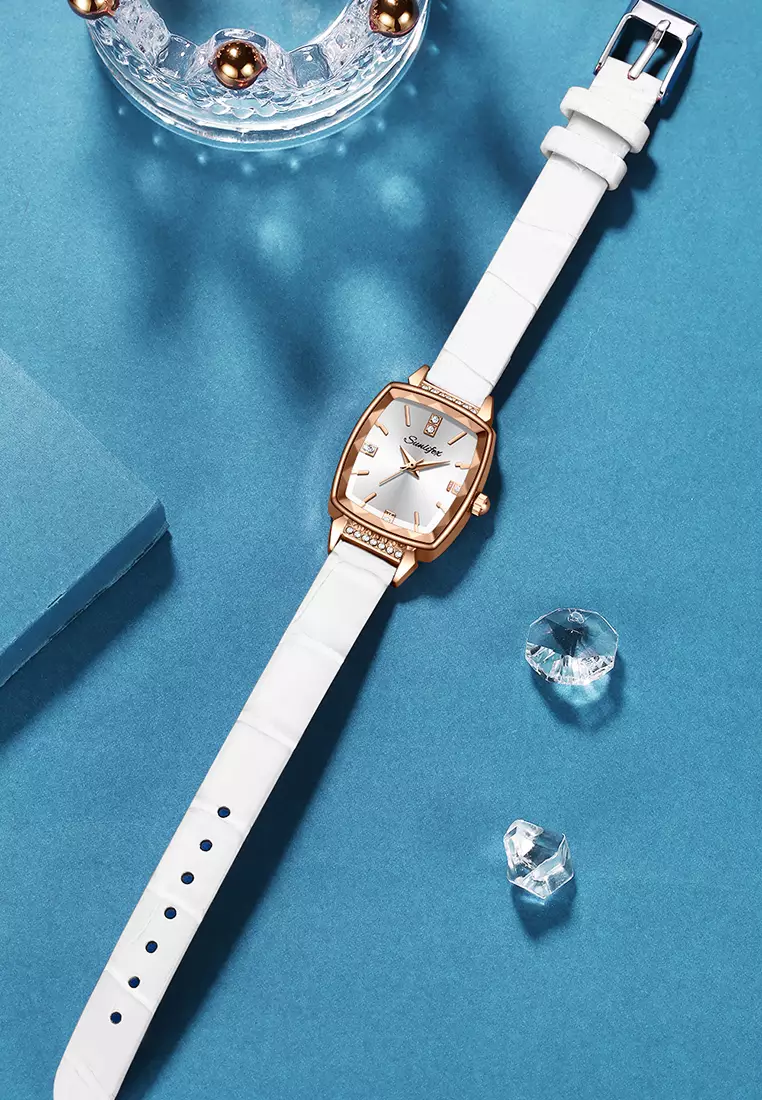 Jam Tangan Wanita 8006 Kuarsa Wanita Tali Kulit Berlian Jam Tangan Cewek Original white