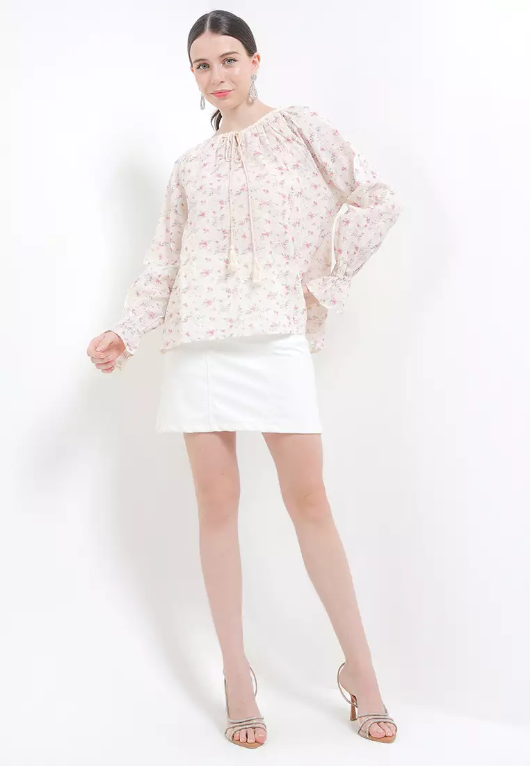 Tassel Detail Emb Flo Print Blouse