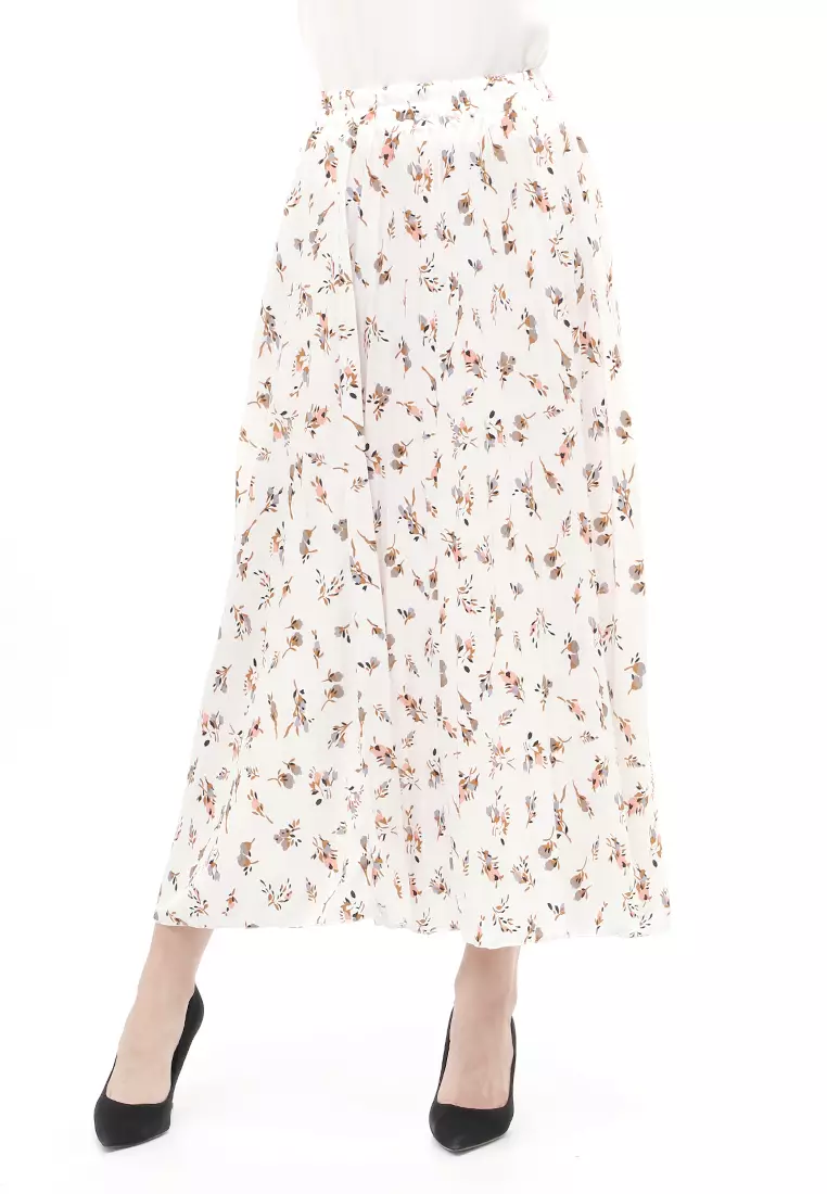 Rok Plisket Motif Print Design Vintage Rubbery Waist Bawahan Wanita - Daily Putih