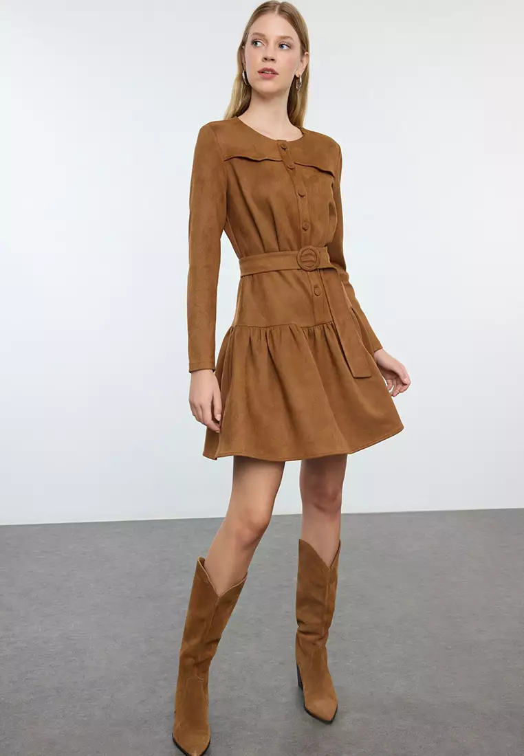 Tan Skater/Waist Open Pleated Skirt Suede Mini Woven Dress TWOAW25EL00252