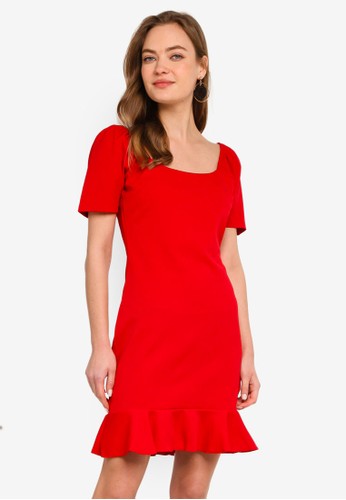 Jual Trendyol Red Square Neck Puff Sleeve Dress Original Zalora Indonesia