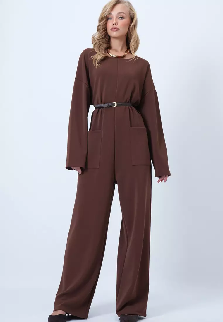 Crew Neck Back Zippered Relaxed Cut Jumpsuit