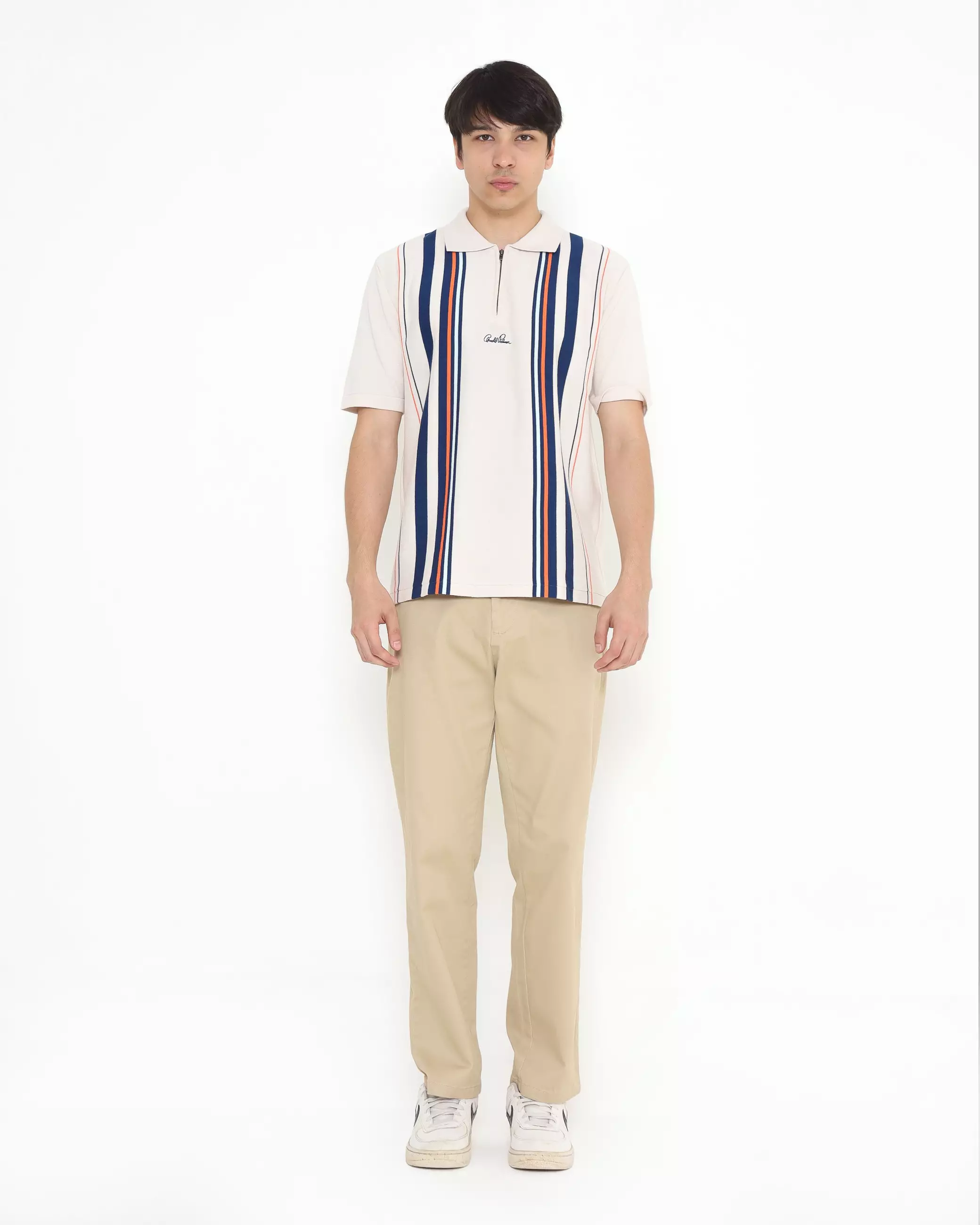 SHORT SLEEVE KNITTED ZIPPER POLO SHIRT CREAM