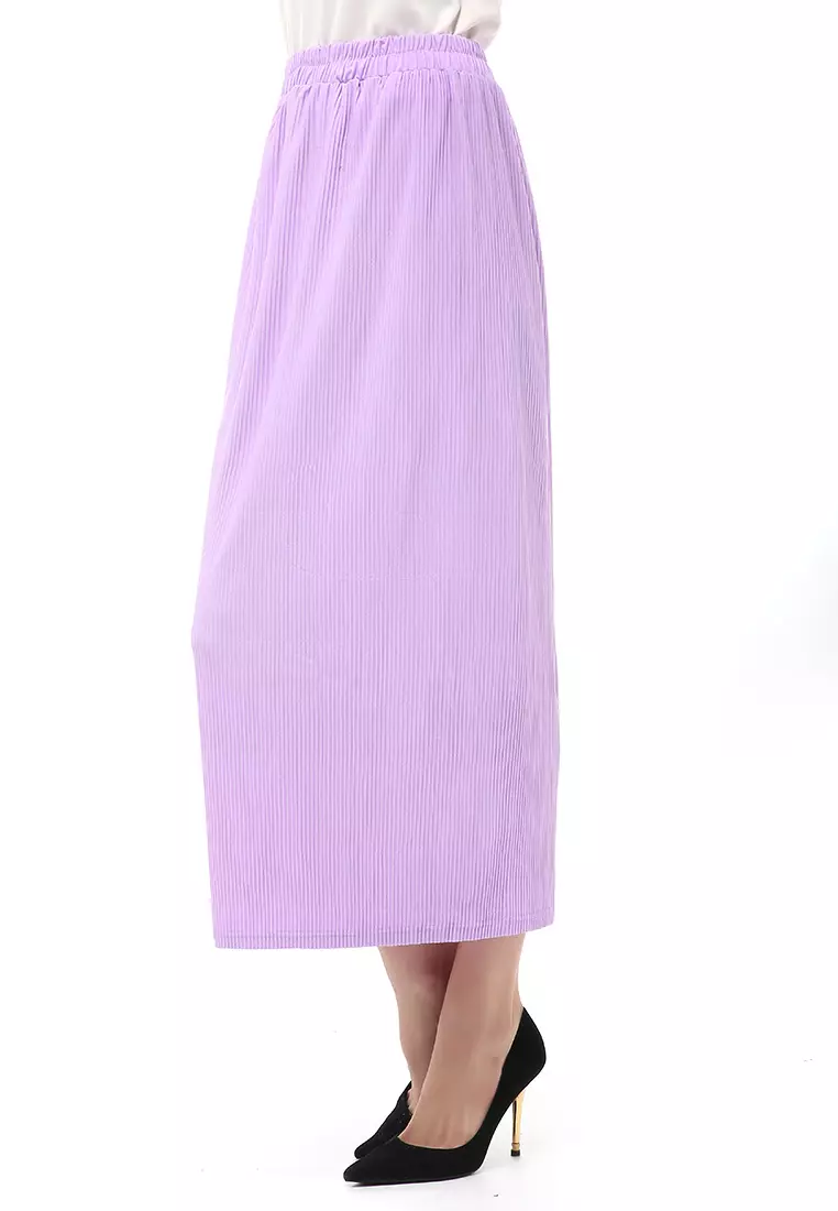 Rok Span Bawahan Wanita Motif Salur Skirt Rubbery Waist Casual - Lilac