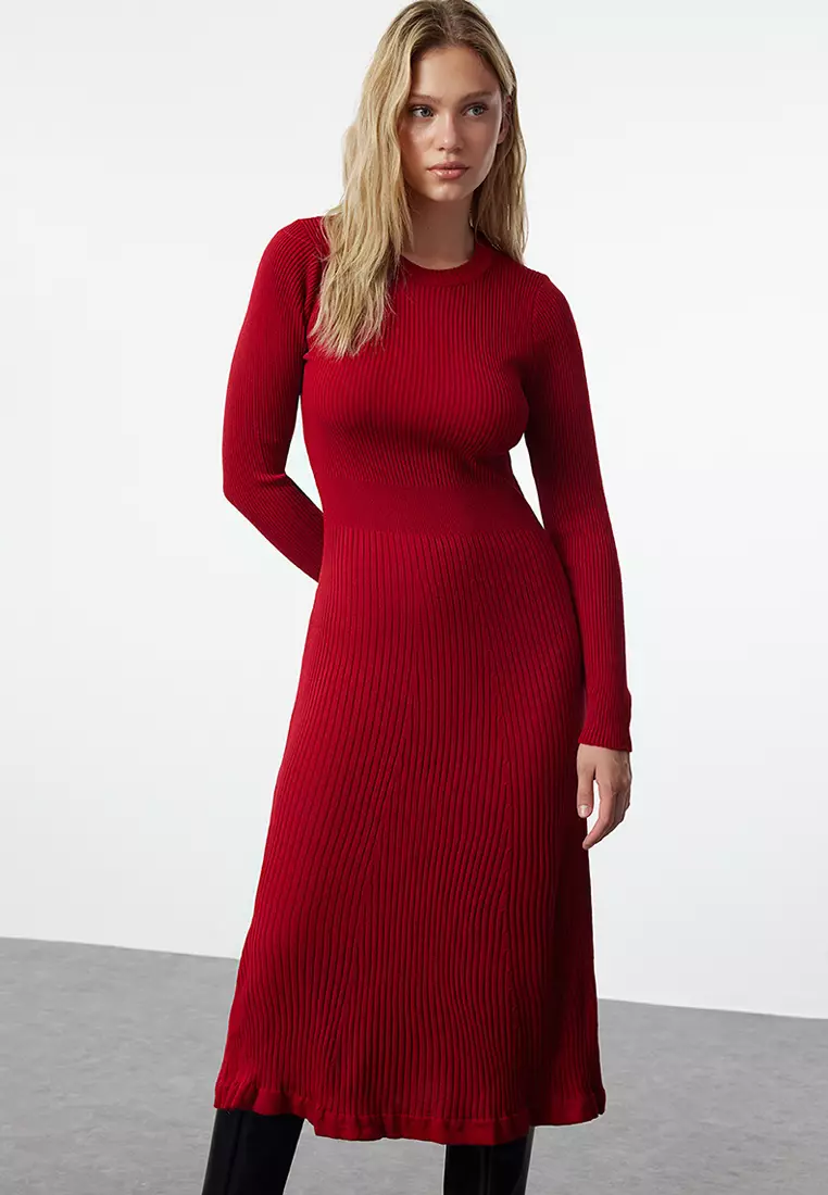 Red Midi Knitwear Dress Crew Neck