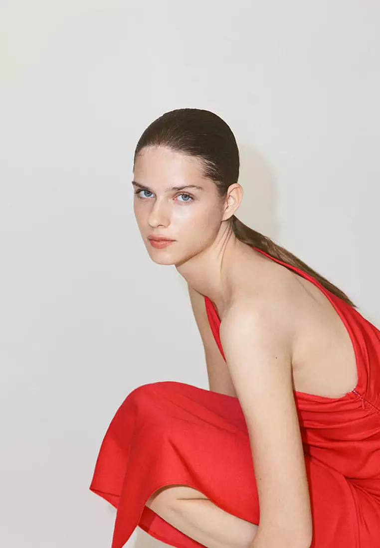mango red asymmetrical pleated dress Buy 2026 Online Asymmetric midi dress