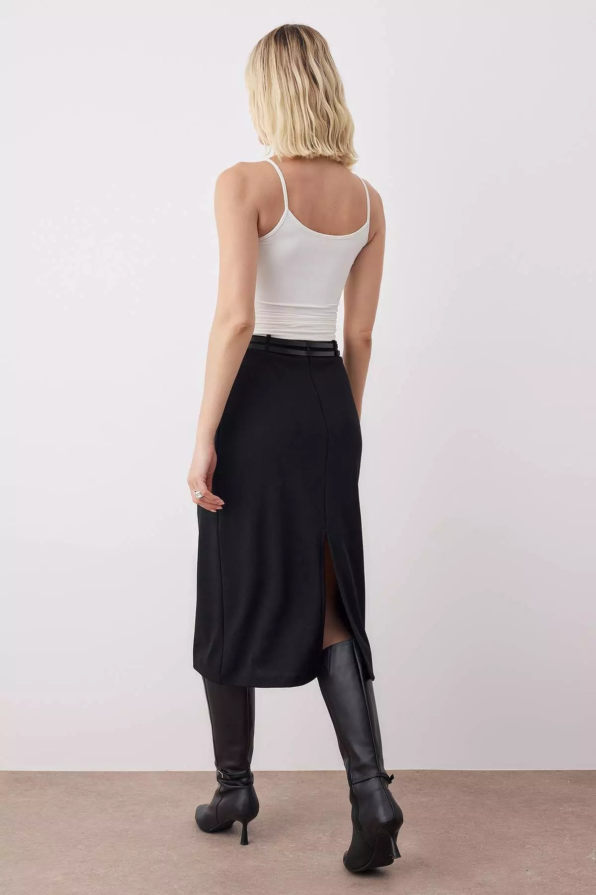 Black Pencil Double Belted Crepe Flexible Knit Skirt