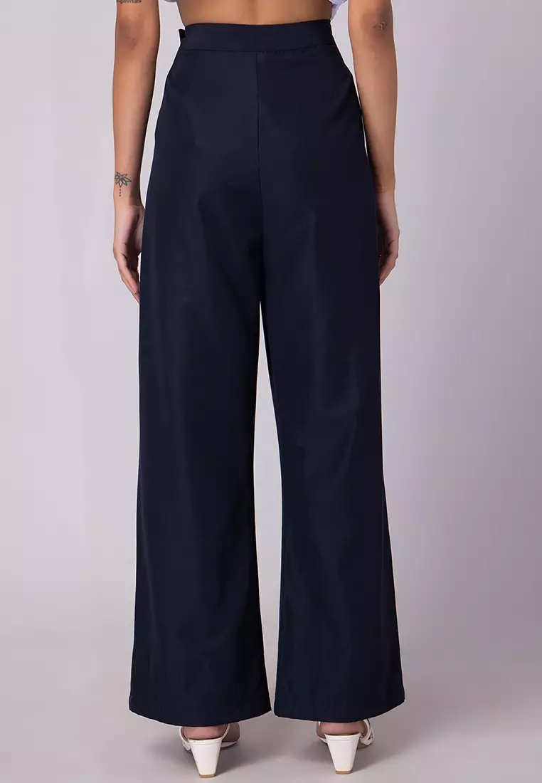 Navy Blue Side Button High Waist Straight Pants