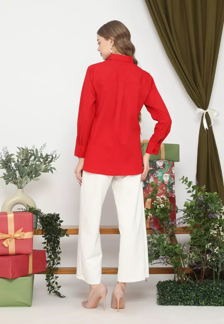 Red Shirt With Embroidered for Chrismast By Brilliant Girl Warna MERAH