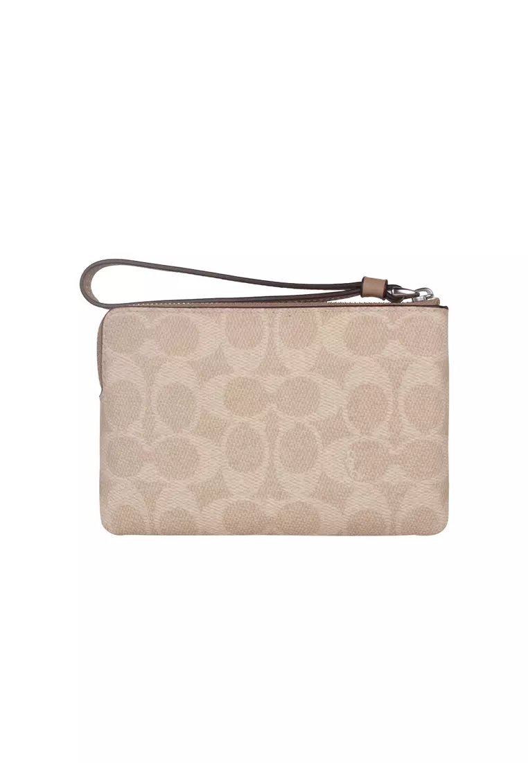 Corner Zip Wristlet In Signature Canvas With Stripe  In Sand Taupe CW854SVPWH
