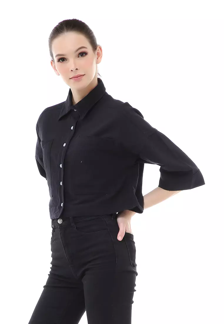 Brielle Atasan Wanita Kemeja Crop Oversize Shirt Lengan Panjang Material Linen ORIGINAL - Black