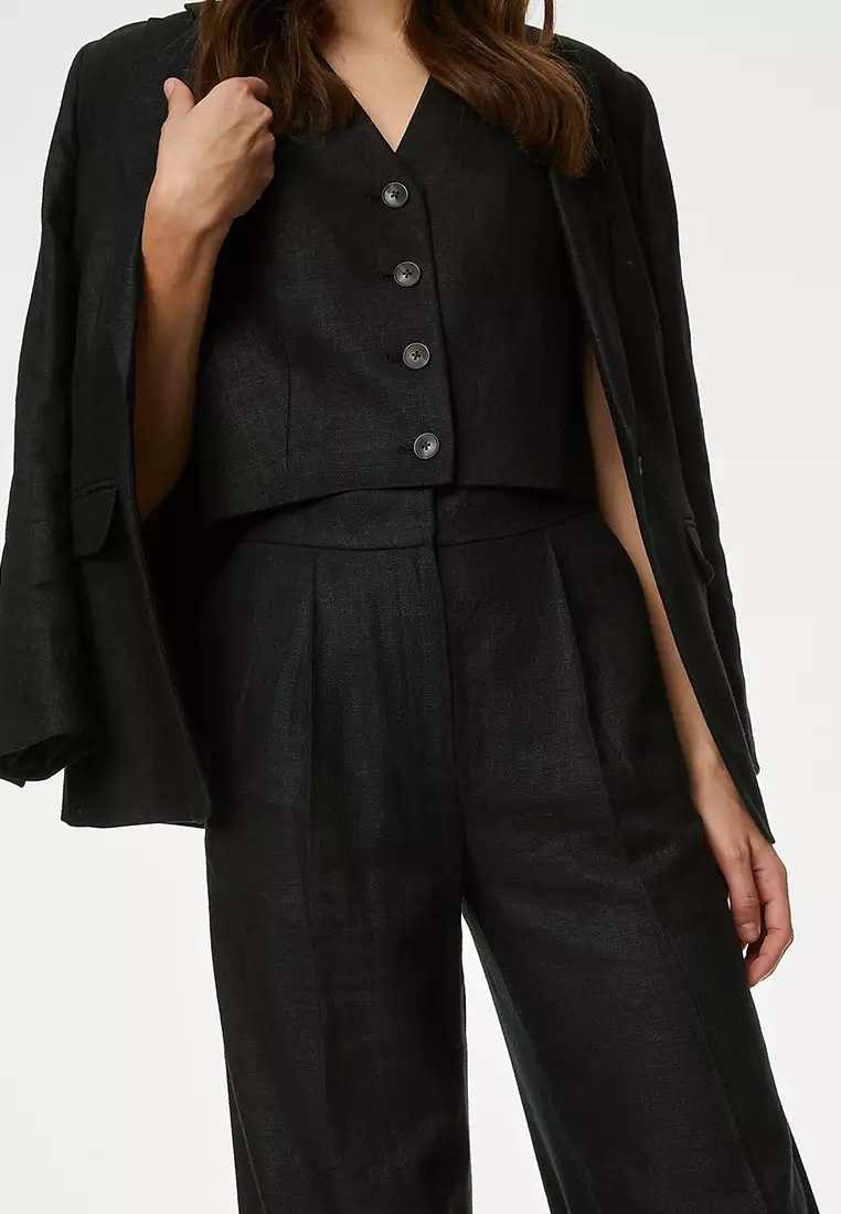 Linen Rich Pleated Wide Leg Trousers