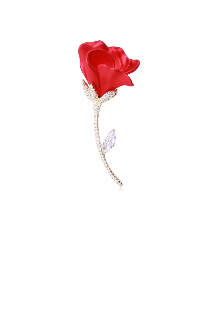 Fashion and Elegant Plated Gold Red Rose Brooch with Cubic Zirconia