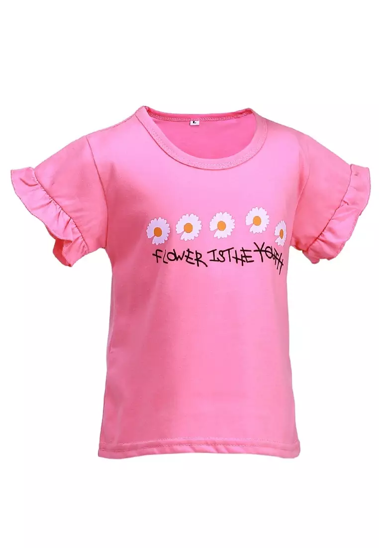Chevelle Kaos Anak Perempuan Lengan Terompet Ruffle Tee Motif Bunga Material Cotton ORIGINAL - Pink