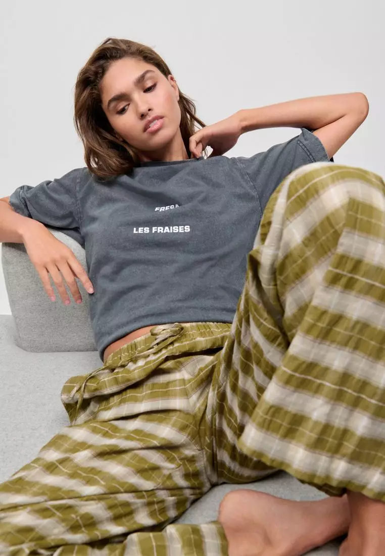 Wide Leg Pull On Check Trousers