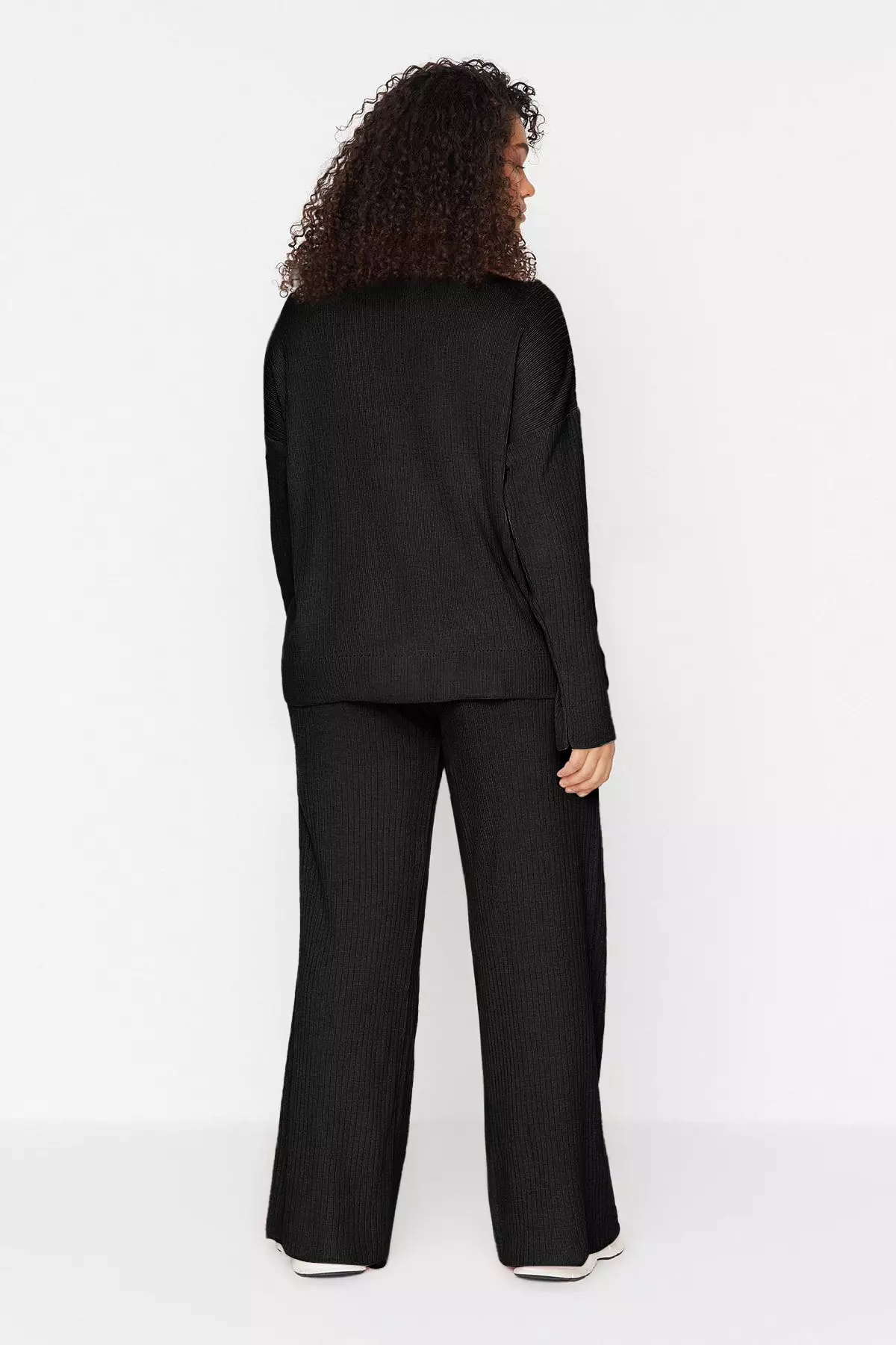 Plus Size Black Knitwear Sweater And Trousers Set Ribbed Crew Neck