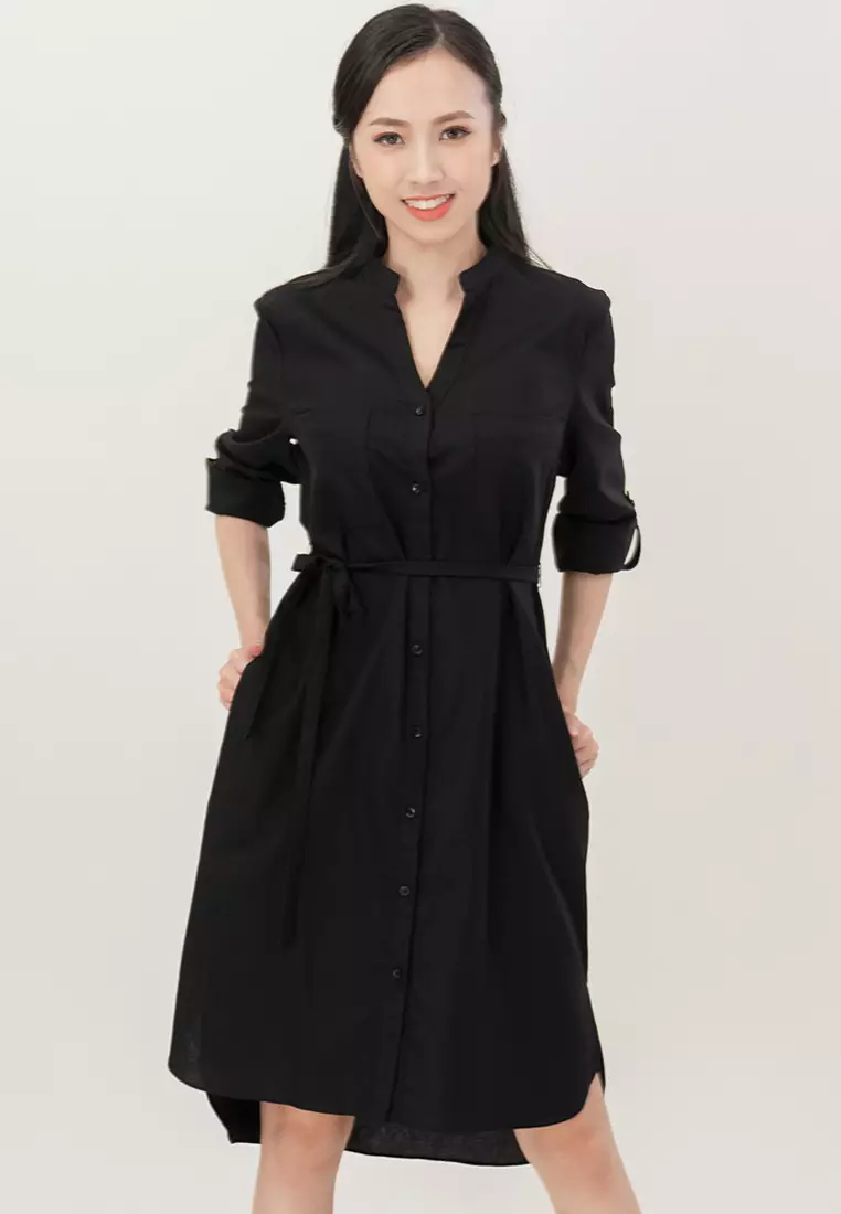 麻料纽扣迷你休闲连衣裙裙