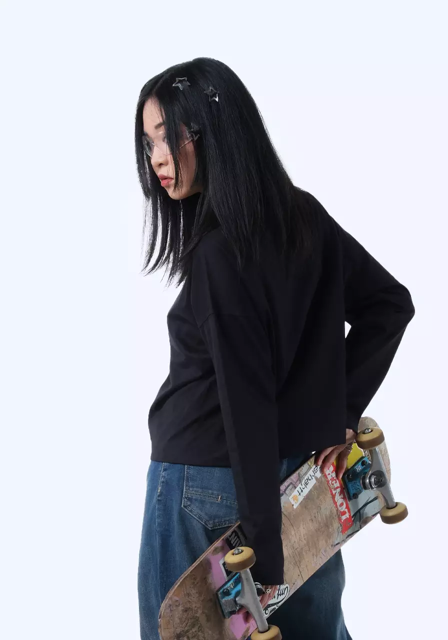 Kaos Pendek Wanita Lengan Panjang Cray Black