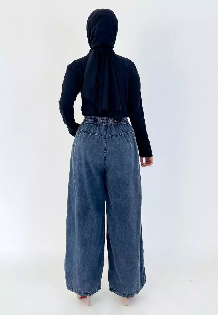 LEZAHRASIGNATURE Palazzo Emily - Celana Panjang Kulot Denim Wanita - Hitam Snow