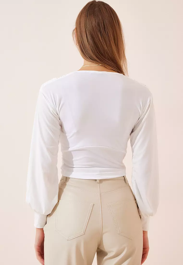 Deep V-Neck Long Sleeve Blouse