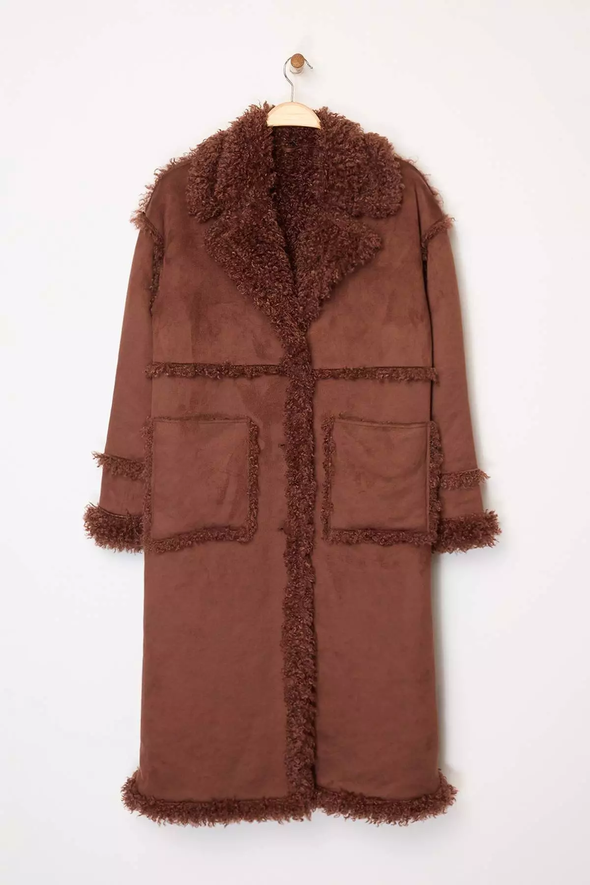 Brown Double-Sided Fur Mono Closure Oversize Long Suede Coat