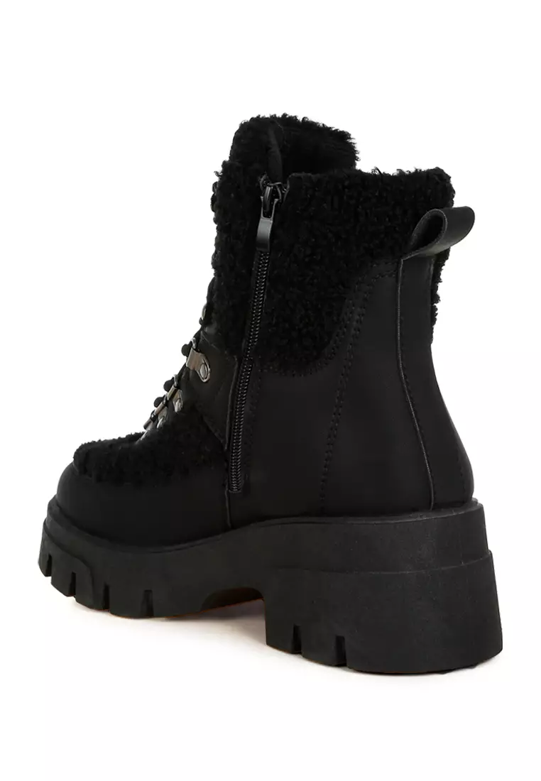 Faux Fur Detail Chunky Hiker Boots in Black