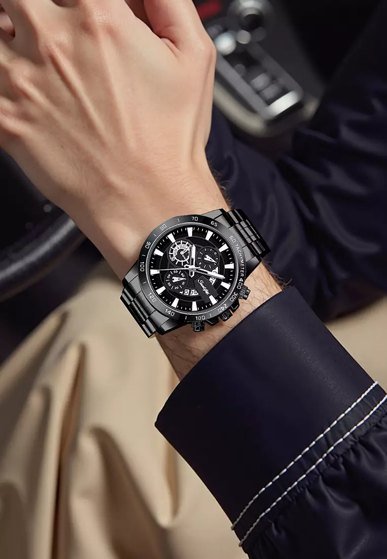 Jam Tangan Pria Quartz Kalender Bercahaya Olahraga Tali Stainless Steel Jam Tangan Cowok SL3321 allblack