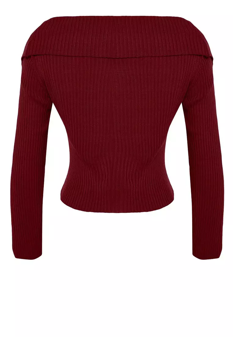 Claret Red Turn-down Collar Knitwear Cardigan TWOAW24HI00284