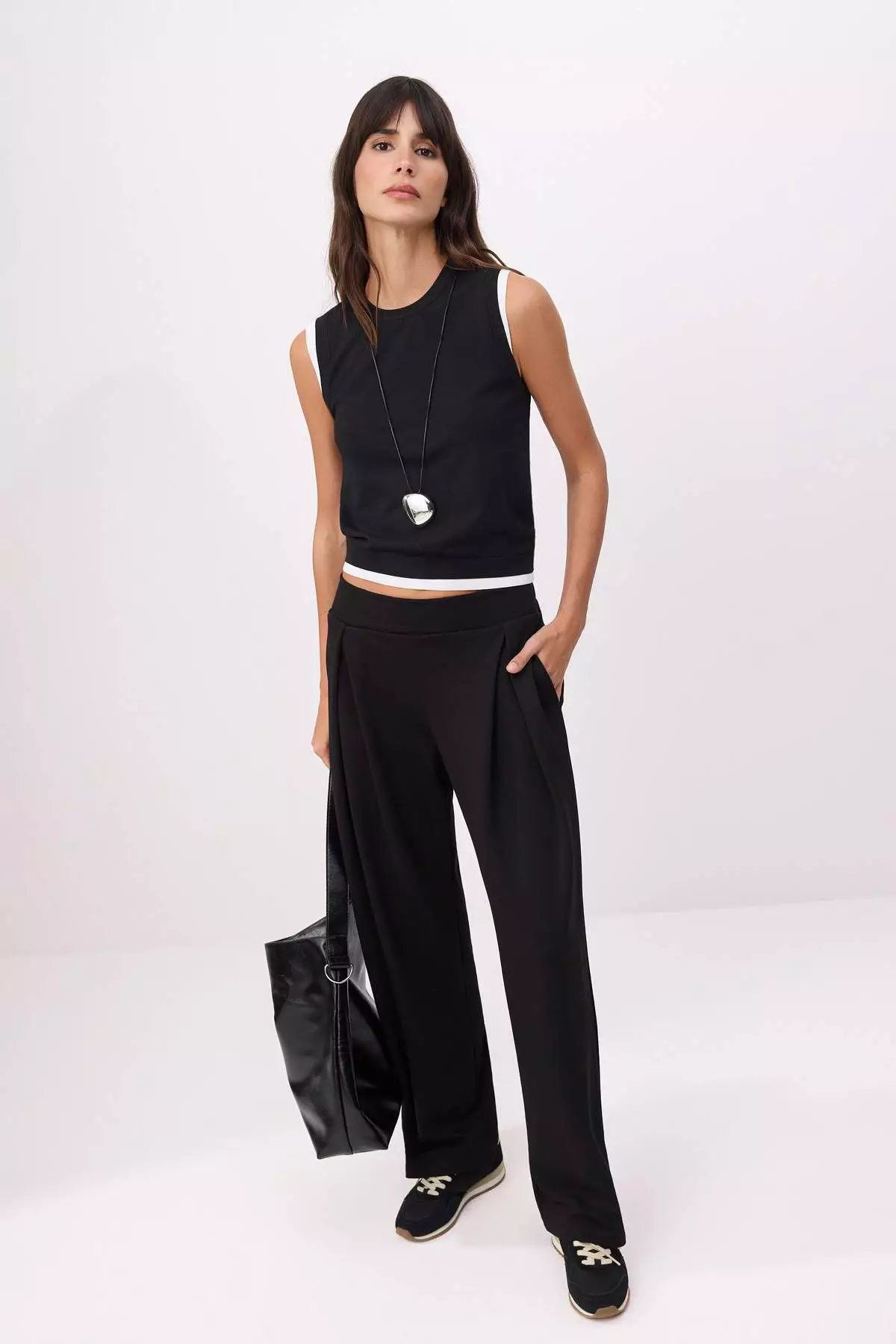 Black Wide Leg Drawstring Regular Waist Soft Touch Knitted Trousers Twoss26Pl139