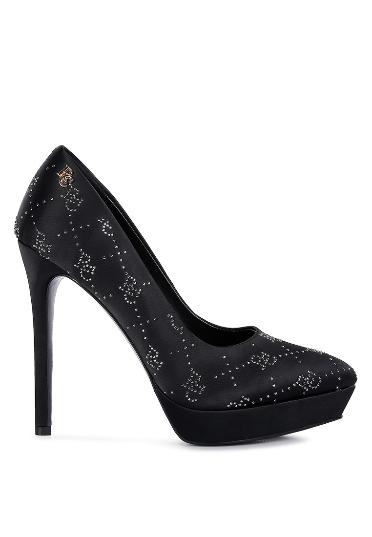 Black Monogram Satin Stiletto Pumps