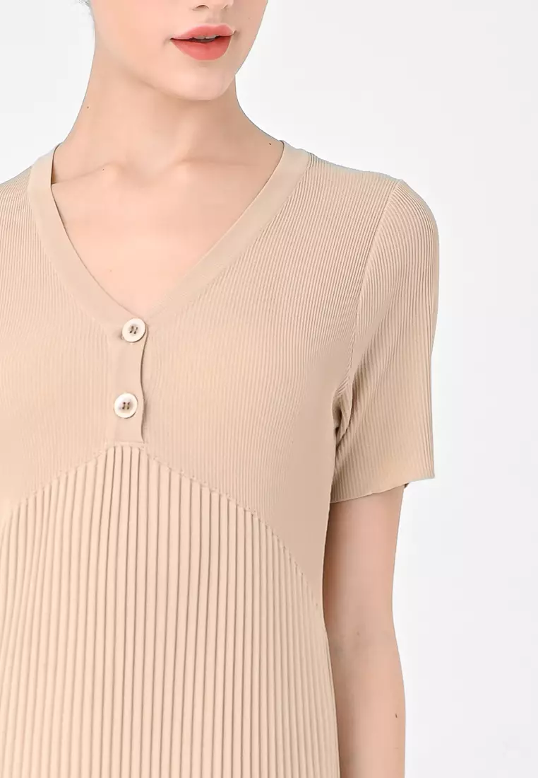 V领针织褶皱中长裙