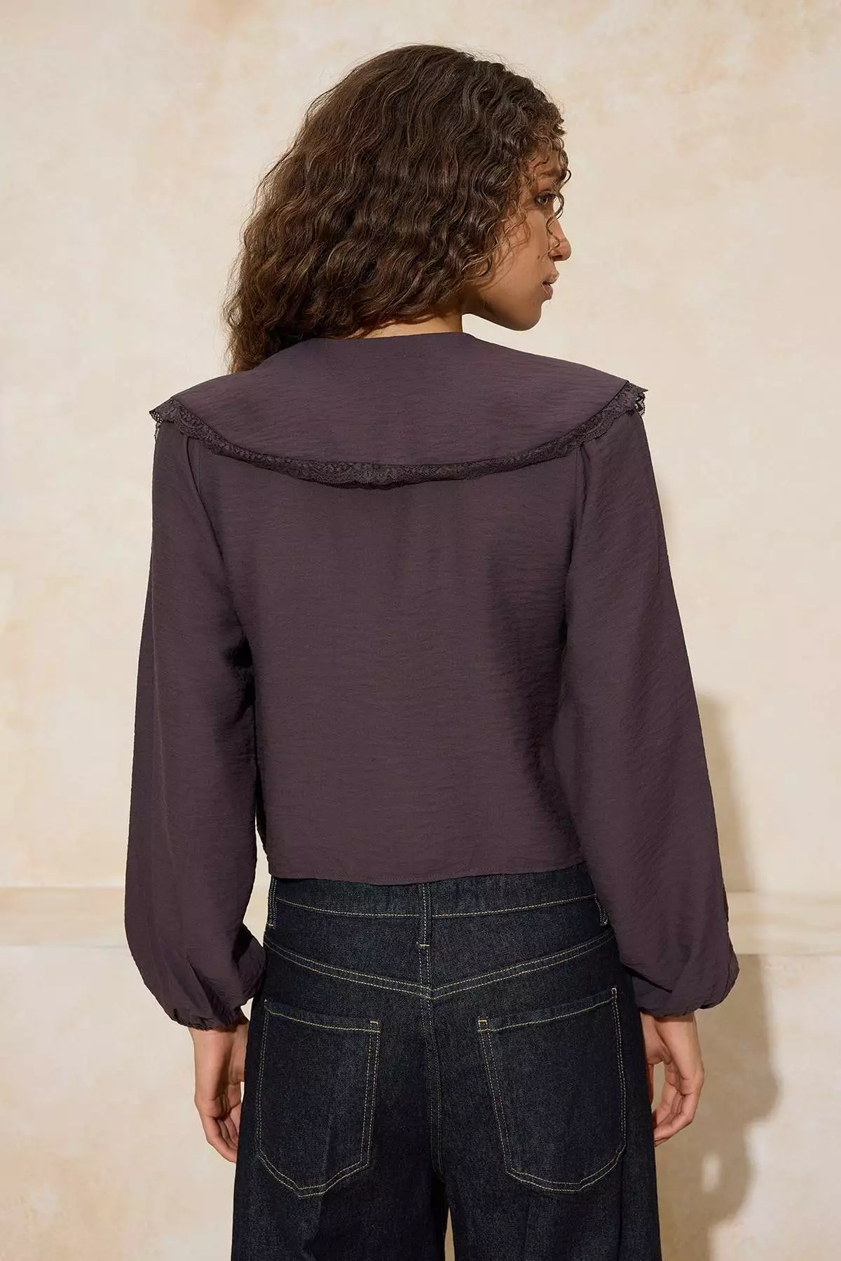 Dark Brown Peter Pan Collar Lace Paneled Soft Keys Shirt Twoss26Go12