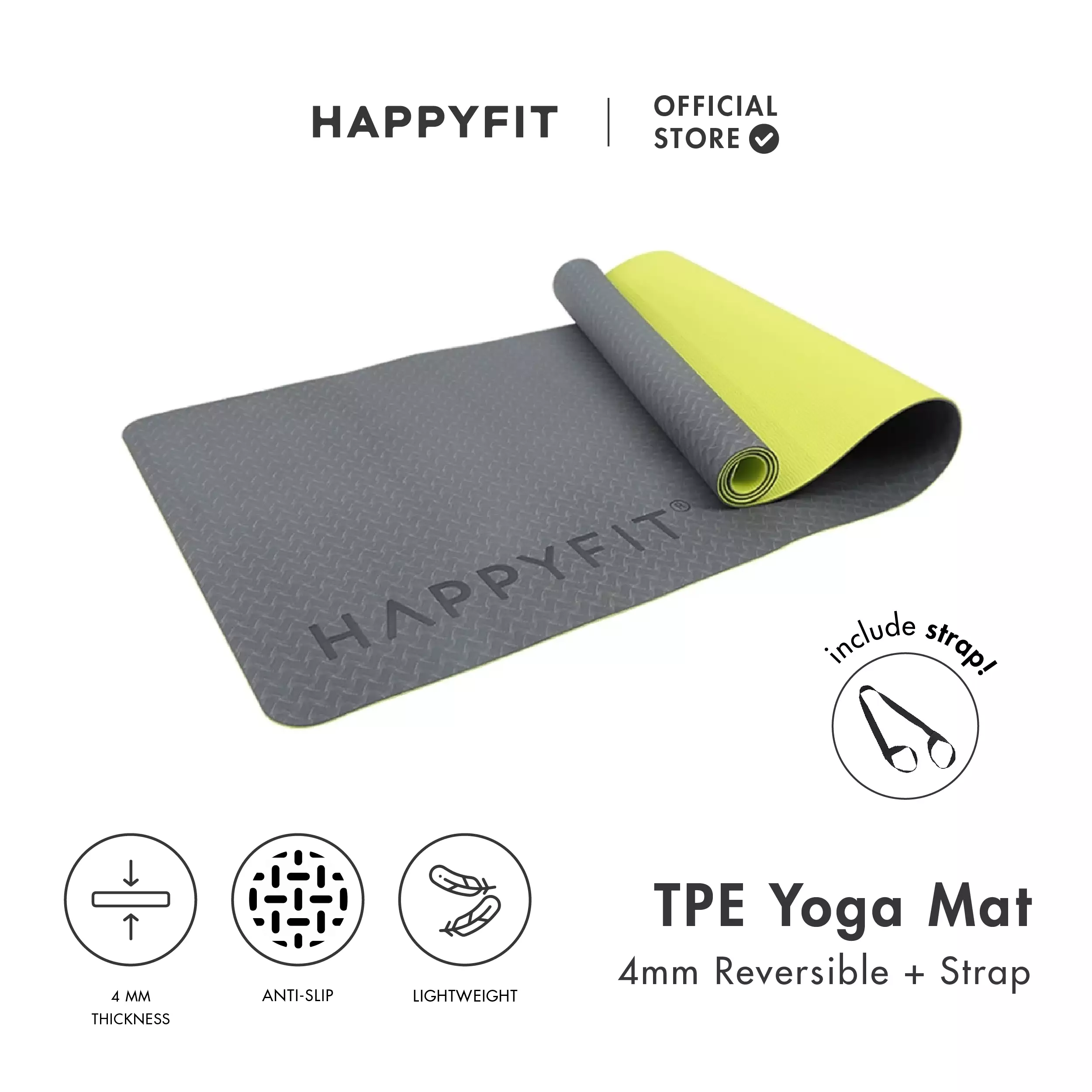 HAPPYFIT Yoga Mat Reversible TPE 4mm Free Strap Grey