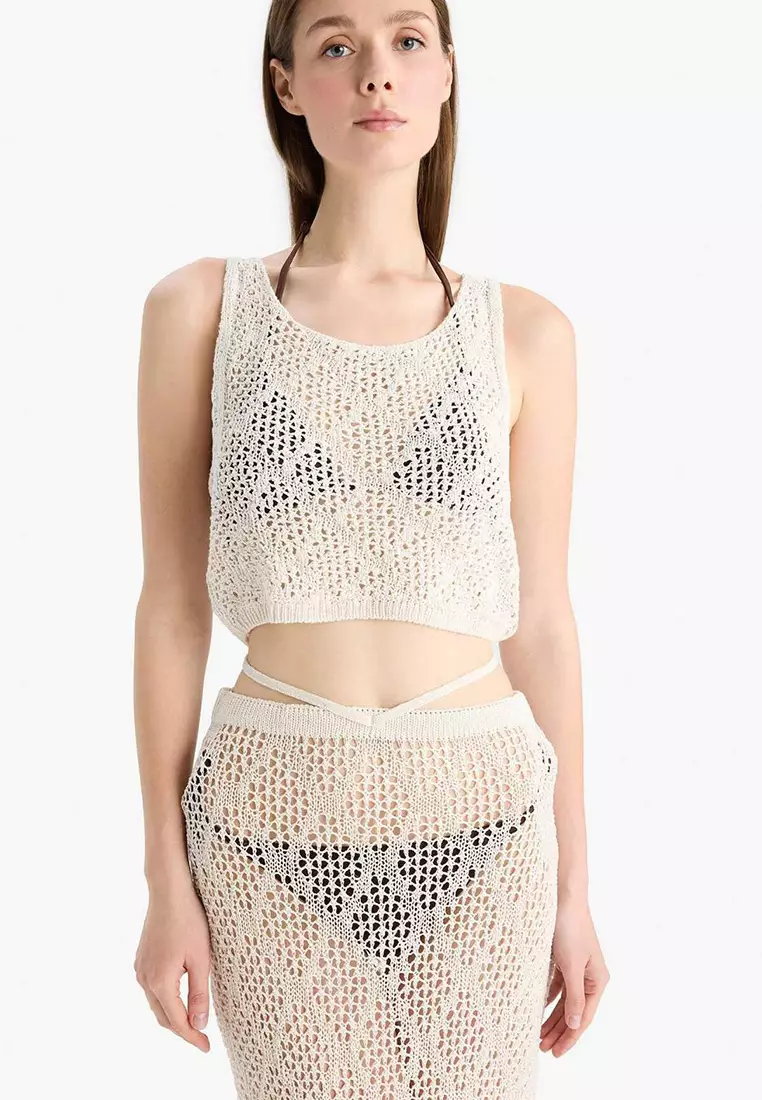 Round Neck Crop Sleeveless Knitwear Beach Top