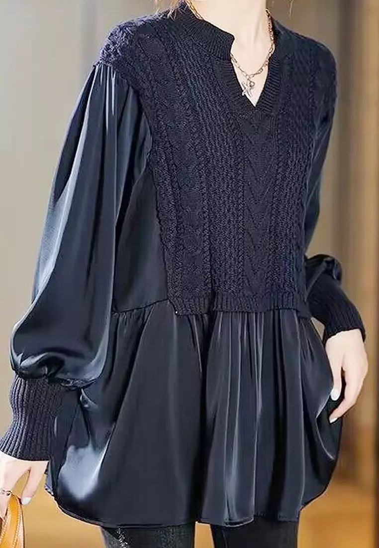 VANSA Stylish Paneled Knit Long Sleeve Shirt VCW-Bs624437