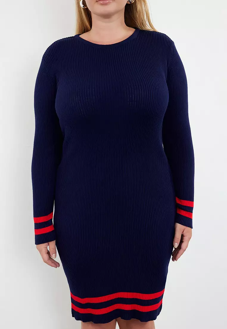 Navy Blue Stripe Detail Ribbed Knit Dress Tbbaw24Ah00019