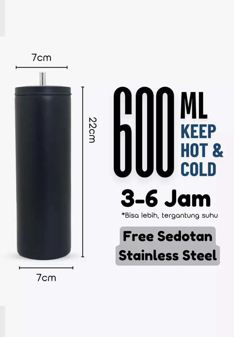 Wakakids Termos Coffee & Tea Stainless Steel Tumbler Mug Simple Polos Free Sedotan 600ml K4039 Venrc Hitam