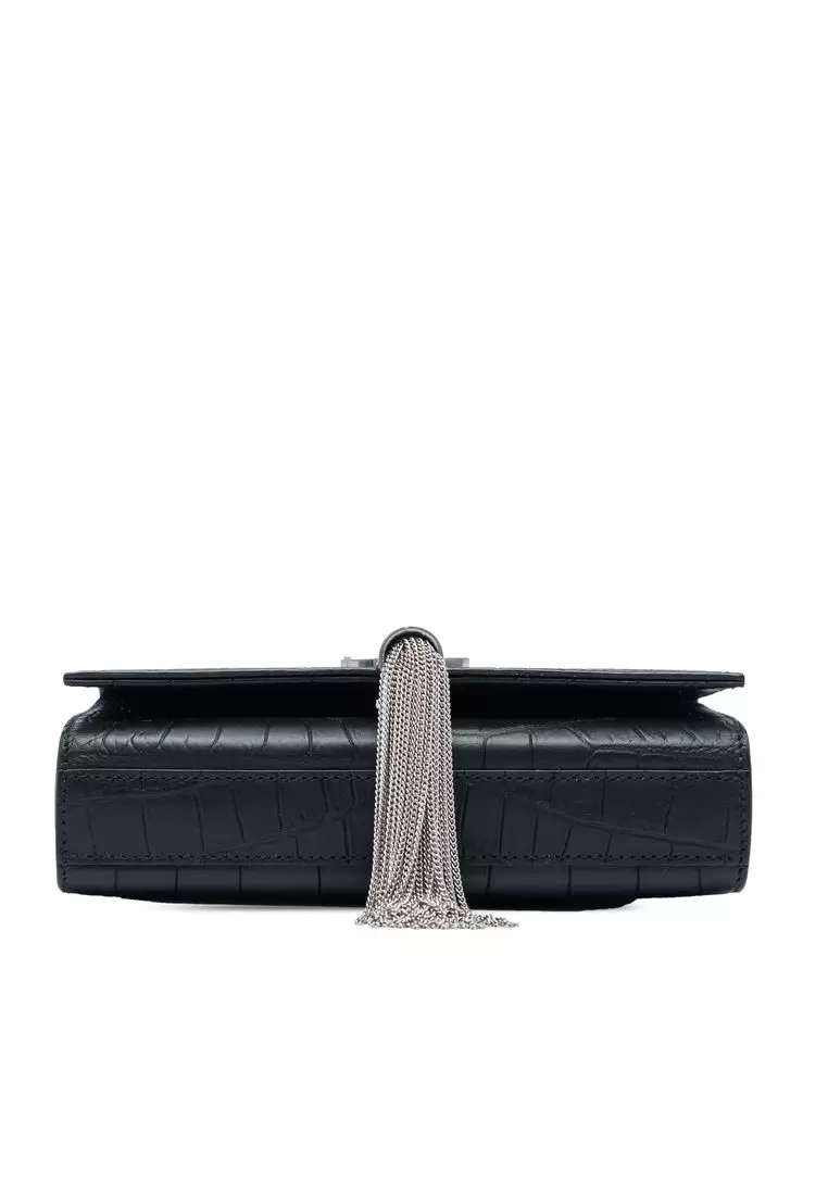 Pre-Loved Saint Laurent Small Croc Embossed Leather Monogram Kate Tassel Crossbody