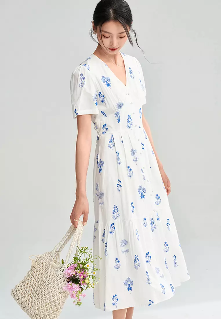 French style pure cotton simple temperament floral dress CA25060367W