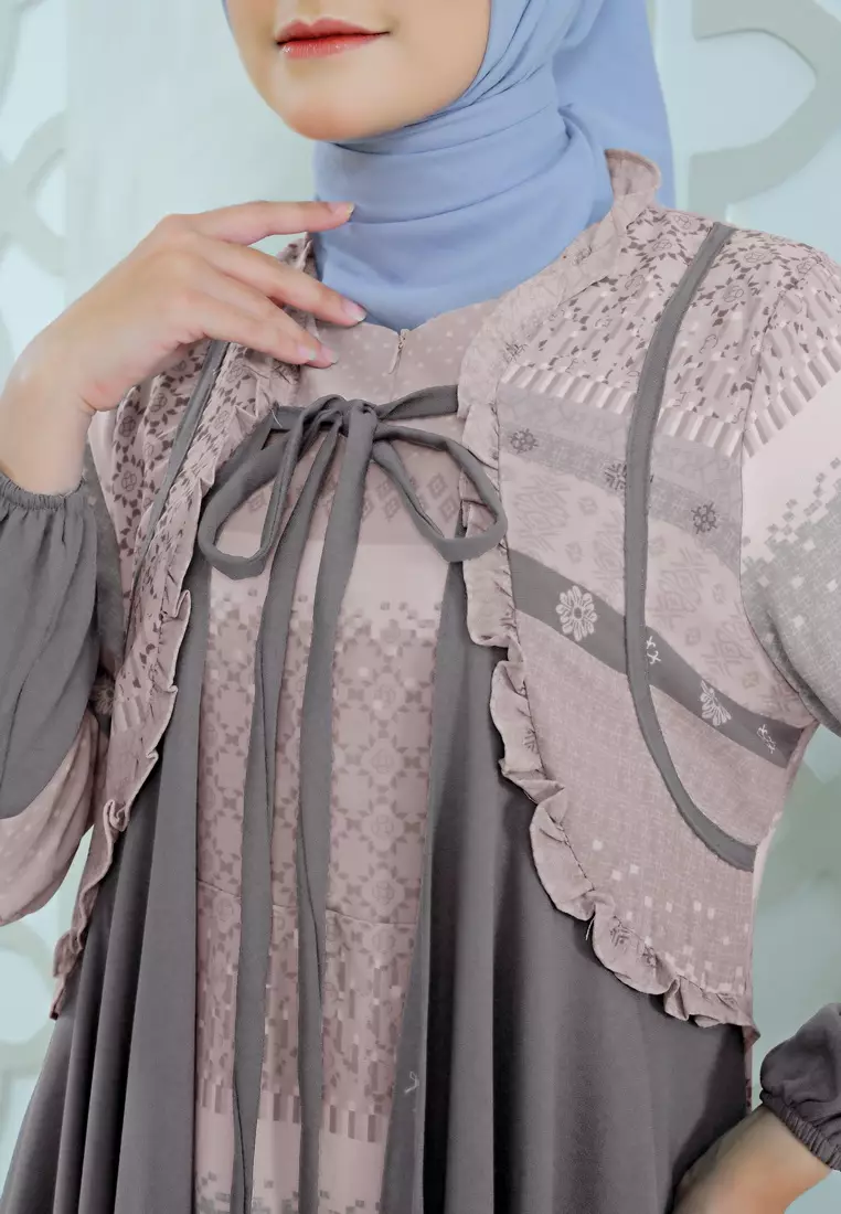 Amavy Maxidress | Gamis Motif Muslimah | Printed Long Dress - Greyish Pink